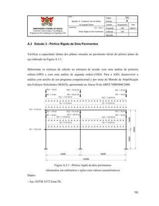 Página 182
Apêndice A – Estudo de Caso de Análise Revisão A
de Segunda Ordem Controle Responsável Data
A.3 - Caso 3 Preparado CAP 06/02/11
Pórtico Rígido de Dois Pavimentos Verificado CAP
Aprovado
182
Título
UNIVERSIDADE FEDERAL DE VIÇOSA
Centro de Ciência Exatas e Tecnológicas
Programa de Pós-Graduação em Engenharia Civil
Referência
A.3 Estudo 3 - Pórtico Rígido de Dois Pavimentos
Verificar a capacidade última dos pilares situados no pavimento térreo do pórtico plano de
aço indicado na Figura A.3.1.
Determinar os esforços de cálculo na estrutura de acordo com uma análise de primeira
ordem (APO) e com uma análise de segunda ordem (ASO). Para a ASO, desenvolver a
análise com auxílio de um programa computacional e por meio do Método de Amplificação
dos Esforços Solicitantes (MAES), apresentado no Anexo D da ABNT NBR8800:2008.
6000 8000
14000
34003400
6800
Pp = 9,10 kN/m
Pp = 9,10 kN/m
Pq2 = 5,64 kN/mPq1 = 7,52 kN/m
Pq2 = 5,64 kN/mPq1 = 7,52 kN/m
Pp = 9,10 kN/m
Pp = 9,10 kN/m
PP,2 = 60,25 kNPP1 = 30 kN PP1 = 30 kN
PP2 = 60,25 kNPP1 = 30 kN PP1 = 30 kN
PQ2 = 39,38 kNPQ1 = 20 kN PQ1 = 20 kN
PQ2 = 39,38 kNPQ1 = 20 kN PQ1 = 20 kN
W2 = 37,05 kN
W1 = 70,65 kN
Figura A.3.1 - Pórtico rígido de dois pavimentos
(dimensões em milímetros e ações com valores característicos)
Dados:
- Aço ASTM A572 Grau 50;
 