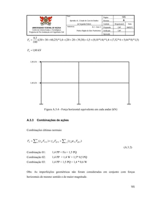 Página 185
Apêndice A – Estudo de Caso de Análise Revisão A
de Segunda Ordem Controle Responsável Data
A.3 - Caso 3 Preparado CAP 06/02/11
Pórtico Rígido de Dois Pavimentos Verificado CAP
Aprovado
185
Título
UNIVERSIDADE FEDERAL DE VIÇOSA
Centro de Ciência Exatas e Tecnológicas
Programa de Pós-Graduação em Engenharia Civil
Referência
)5,1*)8*64,56*52,7(4,1*)14*10,9(5,1)38,392020(4,1*)25,603030((
100
3,0
nF
kNFn 80,1
1,80 kN
1,80 kN
Figura A.3.4 - Força horizontal equivalente em cada andar (kN)
A.3.3 Combinações de ações
Combinações últimas normais:
 

n
j kQjjqj
m
i kQqkGigid FFFF 2 ,01 ,11, )()( 
(A.3.2)
Combinação 01: 1,4 PP + Fn + 1,5 PQ
Combinação 02: 1,4 PP + 1,4 W + 1,5* 0,5 PQ
Combinação 03: 1,4 PP + 1,5 PQ + 1,4 * 0,6 W
Obs: As imperfeições geométricas não foram consideradas em conjunto com forças
horizontais de mesmo sentido e de maior magnitude.
 