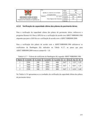 Página 217
Apêndice A – Estudo de Caso de Análise Revisão A
de Segunda Ordem Controle Responsável Data
A.3 - Caso 3 Preparado CAP 06/02/11
Pórtico Rígido de Dois Pavimentos Verificado CAP
Aprovado
217
Título
UNIVERSIDADE FEDERAL DE VIÇOSA
Centro de Ciência Exatas e Tecnológicas
Programa de Pós-Graduação em Engenharia Civil
Referência
A.3.8 Verificação da capacidade última dos pilares do pavimento térreo
Para a verificação da capacidade ultima dos pilares do pavimento térreo, utilizou-se o
programa Desmet 4.0. Para a APO fez-se a verificação de acordo com ABNT NBR8800:1986
enquanto que para a ASO fez-se a verificação de acordo com a ABNT NBR8800:2008.
Para a verificação dos pilares de acordo com a ABNT NBR8800:1986 utilizam-se os
coeficientes de flambagem (K) indicados na Tabela A.3.7, ao passo que para
ABNT NBR8800:2008 toma-se sempre K = 1,0.
Tabela A.3.7 – Valores do coeficiente de flambagem (K) segundo ABNT NBR8800:1986
Barra Ic (cm4) Lc (cm) Ig (cm4) Lg (cm) α GA GB K
1 5298 340 8581 600 0,67 1 3,25 1,55
2
7660 340 8581 600
0,67 1 0,65 1,25
7660 340 8581 800
3 5298 340 8581 800 0,67 1 4,34 1,68
Na Tabela A.3.8 apresentam-se os resultados da verificação da capacidade última dos pilares
do pavimento térreo.
 