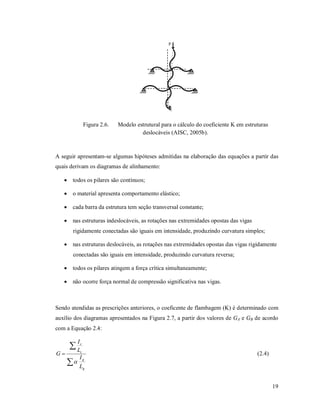 19
Figura 2.6. Modelo estrutural para o cálculo do coeficiente K em estruturas
deslocáveis (AISC, 2005b).
A seguir apresentam-se algumas hipóteses admitidas na elaboração das equações a partir das
quais derivam os diagramas de alinhamento:
 todos os pilares são contínuos;
 o material apresenta comportamento elástico;
 cada barra da estrutura tem seção transversal constante;
 nas estruturas indeslocáveis, as rotações nas extremidades opostas das vigas
rigidamente conectadas são iguais em intensidade, produzindo curvatura simples;
 nas estruturas deslocáveis, as rotações nas extremidades opostas das vigas rigidamente
conectadas são iguais em intensidade, produzindo curvatura reversa;
 todos os pilares atingem a força crítica simultaneamente;
 não ocorre força normal de compressão significativa nas vigas.
Sendo atendidas as prescrições anteriores, o coeficente de flambagem (K) é determinado com
auxílio dos diagramas apresentados na Figura 2.7, a partir dos valores de GA e GB de acordo
com a Equação 2.4:



g
g
c
c
L
I
L
I
G

(2.4)
 