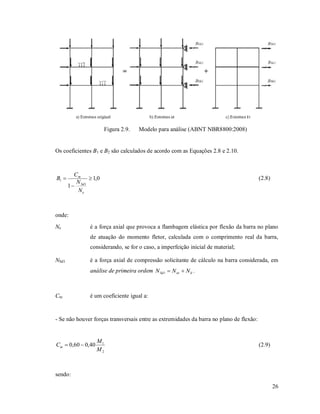 26
Figura 2.9. Modelo para análise (ABNT NBR8800:2008)
Os coeficientes B1 e B2 são calculados de acordo com as Equações 2.8 e 2.10.
0,1
1 1
1 


e
Sd
m
N
N
C
B (2.8)
onde:
Ne é a força axial que provoca a flambagem elástica por flexão da barra no plano
de atuação do momento fletor, calculada com o comprimento real da barra,
considerando, se for o caso, a imperfeição inicial de material;
NSd1 é a força axial de compressão solicitante de cálculo na barra considerada, em
análise de primeira ordem ltntSd NNN 1 .
Cm é um coeficiente igual a:
- Se não houver forças transversais entre as extremidades da barra no plano de flexão:
2
1
40,060,0
M
M
Cm  (2.9)
sendo:
 