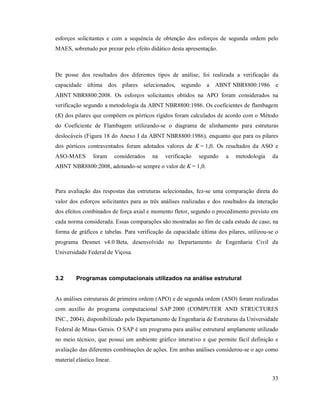 33
esforços solicitantes e com a sequência de obtenção dos esforços de segunda ordem pelo
MAES, sobretudo por prezar pelo efeito didático desta apresentação.
De posse dos resultados dos diferentes tipos de análise, foi realizada a verificação da
capacidade última dos pilares selecionados, segundo a ABNT NBR8800:1986 e
ABNT NBR8800:2008. Os esforços solicitantes obtidos na APO foram considerados na
verificação segundo a metodologia da ABNT NBR8800:1986. Os coeficientes de flambagem
(K) dos pilares que compõem os pórticos rígidos foram calculados de acordo com o Método
do Coeficiente de Flambagem utilizando-se o diagrama de alinhamento para estruturas
deslocáveis (Figura 18 do Anexo I da ABNT NBR8800:1986), enquanto que para os pilares
dos pórticos contraventados foram adotados valores de K = 1,0. Os resultados da ASO e
ASO-MAES foram considerados na verificação segundo a metodologia da
ABNT NBR8800:2008, adotando-se sempre o valor de K = 1,0.
Para avaliação das respostas das estruturas selecionadas, fez-se uma comparação direta do
valor dos esforços solicitantes para as três análises realizadas e dos resultados da interação
dos efeitos combinados de força axial e momento fletor, segundo o procedimento previsto em
cada norma considerada. Essas comparações são mostradas ao fim de cada estudo de caso, na
forma de gráficos e tabelas. Para verificação da capacidade última dos pilares, utilizou-se o
programa Desmet v4.0 Beta, desenvolvido no Departamento de Engenharia Civil da
Universidade Federal de Viçosa.
3.2 Programas computacionais utilizados na análise estrutural
As análises estruturais de primeira ordem (APO) e de segunda ordem (ASO) foram realizadas
com auxílio do programa computacional SAP 2000 (COMPUTER AND STRUCTURES
INC., 2004), disponibilizado pelo Departamento de Engenharia de Estruturas da Universidade
Federal de Minas Gerais. O SAP é um programa para análise estrutural amplamente utilizado
no meio técnico, que possui um ambiente gráfico interativo e que permite fácil definição e
avaliação das diferentes combinações de ações. Em ambas análises considerou-se o aço como
material elástico linear.
 