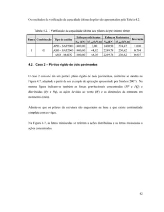 42
Os resultados da verificação da capacidade última do pilar são apresentados pela Tabela 4.2.
Tabela 4.2. - Verificação da capacidade última dos pilares do pavimento térreo
Barra Combinação Tipo de análise
Esforços solicitantes Esforços Resistentes
Interação
NSd (kN) Mx,Sd (kN.m) NRd(kN) Mx,Rd (kN.m)
1 01
APO - SAP2000 1400,00 0,00 1400,98 224,47 1,000
ASO - SAP2000 1400,00 44,62 2249,78 230,62 0,794
ASO - MAES 1400,00 48,05 2249,78 230,62 0,807
4.2. Caso 2 – Pórtico rígido de dois pavimentos
O caso 2 consiste em um pórtico plano rígido de dois pavimentos, conforme se mostra na
Figura 4.7, adaptado a partir de um exemplo de aplicação apresentado por Simões (2007). Na
mesma figura indicam-se também as forças gravitacionais concentradas (PP e PQ) e
distribuídas (Pp e Pq), as ações devidas ao vento (W) e as dimensões da estrutura em
milímetros (mm).
Admite-se que os pilares da estrutura são engastados na base e que existe continuidade
completa com as vigas.
Na Figura 4.7, as letras minúsculas se referem a ações distribuídas e as letras maiúsculas a
ações concentradas.
 