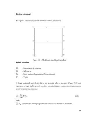 44
Modelo estrutural
Na Figura 4.8 mostra-se o modelo estrutural adotado para análise.
1
2 4
5
3
6
1
2
3
6
5
4
Figura 4.8. - Modelo estrutural do pórtico plano
Ações atuantes
PP – Peso próprio da estrutura
PQ – Sobrecarga
Fn – Força horizontal equivalente (Força nocional)
W – Vento
A força horizontal equivalente (Fn) a ser aplicada sobre a estrutura (Figura 4.9), que
representa as imperfeições geométricas, deve ser calculada para cada pavimento da estrutura,
conforme a seguinte expressão:
 Sdn NF
100
3,0
(4.1)
onde:
 SdN é o somatório das cargas gravitacionais de cálculo atuantes no pavimento.
 
