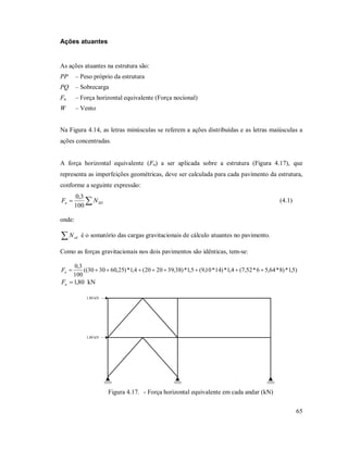 65
Ações atuantes
As ações atuantes na estrutura são:
PP – Peso próprio da estrutura
PQ – Sobrecarga
Fn – Força horizontal equivalente (Força nocional)
W – Vento
Na Figura 4.14, as letras minúsculas se referem a ações distribuídas e as letras maiúsculas a
ações concentradas.
A força horizontal equivalente (Fn) a ser aplicada sobre a estrutura (Figura 4.17), que
representa as imperfeições geométricas, deve ser calculada para cada pavimento da estrutura,
conforme a seguinte expressão:
 SDn NF
100
3,0
(4.1)
onde:
 sdN é o somatório das cargas gravitacionais de cálculo atuantes no pavimento.
Como as forças gravitacionais nos dois pavimentos são idênticas, tem-se:
)5,1*)8*64,56*52,7(4,1*)14*10,9(5,1*)38,392020(4,1*)25,603030((
100
3,0
nF
80,1nF kN
1,80 kN
1,80 kN
Figura 4.17. - Força horizontal equivalente em cada andar (kN)
 