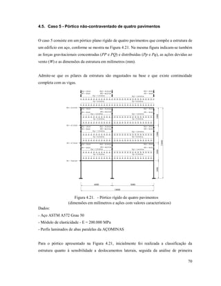 70
4.5. Caso 5 - Pórtico não-contraventado de quatro pavimentos
O caso 5 consiste em um pórtico plano rígido de quatro pavimentos que compõe a estrutura de
um edifício em aço, conforme se mostra na Figura 4.21. Na mesma figura indicam-se também
as forças gravitacionais concentradas (PP e PQ) e distribuídas (Pp e Pq), as ações devidas ao
vento (W) e as dimensões da estrutura em milímetros (mm).
Admite-se que os pilares da estrutura são engastados na base e que existe continuidade
completa com as vigas.
Pp = 9,10 kN/m
Pp = 9,10 kN/m
Pq2 = 5,64 kN/mPq1 = 7,52 kN/m
Pq2 = 5,64 kN/mPq1 = 7,52 kN/m
Pp = 9,10 kN/m
Pp = 9,10 kN/m
PP2 = 60,25 kNPP1 = 30 kN PP1 = 30 kN
PP2 = 60,25 kNPP1 = 30 kN PP1 = 30 kN
PQ2 = 39,38 kNPQ1 = 20 kN PQ1 = 20 kN
PQ2 = 39,38 kNPQ1 = 20 kN PQ1 = 20 kN
Pp = 9,10 kN/m
Pp = 9,10 kN/m
Pq2 = 5,64 kN/mPq1 = 7,52 kN/m
Pq2 = 5,64 kN/mPq1 = 7,52 kN/m
Pp = 9,10 kN/m
Pp = 9,10 kN/m
PP2 = 60,25 kNPP1 = 30 kN PP1 = 30 kN
PP2 = 60,25 kNPP1 = 30 kN PP1 = 30 kN
PQ2 = 39,38 kNPQ1 = 20 kN PQ1 = 20 kN
PQ2 = 39,38 kNPQ1 = 20 kN PQ1 = 20 kN
W1 = 70,65 kN
W2 = 47,10 kN
W3 = 47,10 kN
W4 = 25,55 kN
6000 8000
14000
34003400
13600
34003400
Figura 4.21. - Pórtico rígido de quatro pavimentos
(dimensões em milímetros e ações com valores característicos)
Dados:
- Aço ASTM A572 Grau 50
- Módulo de elasticidade - E = 200.000 MPa
- Perfis laminados de abas paralelas da AÇOMINAS
Para o pórtico apresentado na Figura 4.21, inicialmente foi realizada a classificação da
estrutura quanto à sensibilidade a deslocamentos laterais, seguida da análise de primeira
 