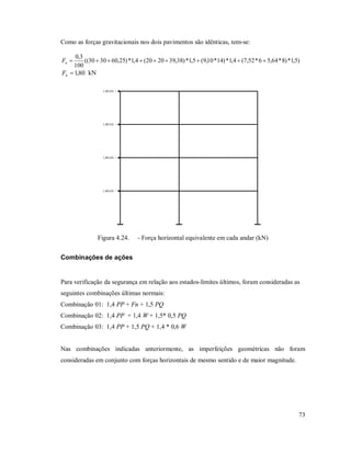 73
Como as forças gravitacionais nos dois pavimentos são idênticas, tem-se:
)5,1*)8*64,56*52,7(4,1*)14*10,9(5,1*)38,392020(4,1*)25,603030((
100
3,0
nF
80,1nF kN
1,80 kN
1,80 kN
1,80 kN
1,80 kN
Figura 4.24. - Força horizontal equivalente em cada andar (kN)
Combinações de ações
Para verificação da segurança em relação aos estados-limites últimos, foram consideradas as
seguintes combinações últimas normais:
Combinação 01: 1,4 PP + Fn + 1,5 PQ
Combinação 02: 1,4 PP + 1,4 W + 1,5* 0,5 PQ
Combinação 03: 1,4 PP + 1,5 PQ + 1,4 * 0,6 W
Nas combinações indicadas anteriormente, as imperfeições geométricas não foram
consideradas em conjunto com forças horizontais de mesmo sentido e de maior magnitude.
 