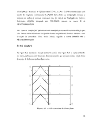 82
ordem (APO) e da análise de segunda ordem (ASO). A APO e a ASO foram realizadas com
auxílio do programa computacional SAP 2000. Para efeitos de comparação, realizou-se
também um análise de segunda ordem por meio do Método da Ampliação dos Esforços
Solicitantes (MAES), designada por ASO-MAES, previsto no Anexo D da
ABNT NBR8800:2008.
Para efeito de comparação, apresenta-se uma sobreposição dos resultados dos esforços para
cada tipo de análise nos trechos dos pilares situados no pavimento térreo da estrutura e uma
avaliação da capacidade última desses pilares, segundo a ABNT NBR8800:1986 e
ABNT NBR8800:2008.
Modelo estrutural
Na Figura 4.35 mostra-se o modelo estrutural adotado e na Figura 4.36 as seções utilizadas
nas barras, definidas a partir de um pré-dimensionamento, que levou em conta o estado-limite
de serviço de deslocamento lateral excessivo.
1
2
3
6
7
8
10
9
4
5
11
12
13
14
15
1 2 3
4 5 6
7 8 9
10 11 12
13 14
15 16
17 18
19 20
21 22
23 24
25 26
27 28
Figura 4.35. - Modelo estrutural do pórtico plano.
 