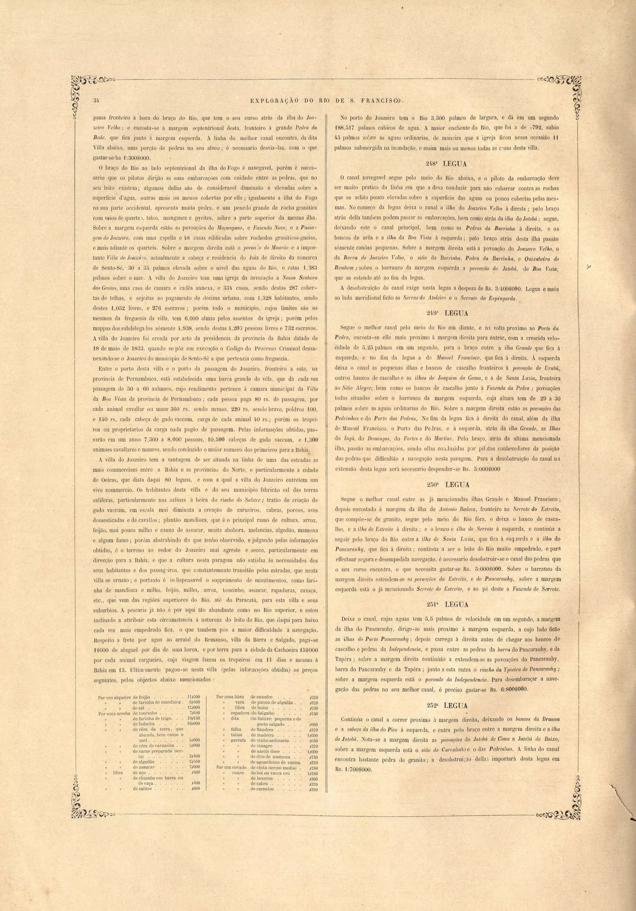~. ',~~------------ "-------"----------------...,---------------- 
EXP LORAçÂ O DO RIO DE S. F RANCJS CO . 
No porto do Joazei.ro tem o Rio 3,500 palmos de largura, e dá em um segundo 
188,517 palmos cubicos de agua. A maiol' enchente do Rio, que foi a de ~792,' subia 
4·5 palmos obre as aguas ordinarias, de maneira que a igreja ficou nessa occasião H 
palmos submergi la na inundação, e nssim mais ou menos todas as c~sas desta villa. 
24·8a LEç.UA 
O canal navegavel segue pelo meio do Rio abaixo, e o piloto da embarcação -deve 
ser muito pratico da linha em que a deva contIuzir para não esbarrar contra_as rochas 
que se acMo pouco elevadas sobre a superficie das aguas ou pouco cobertas pelas mes­mas. 
No começo da legu:1 deixa o canal a ilha do JoazeiTo Velho á direlta; pelo braço 
atrás delta tamuern podem passar as embarcações, bem como atrás da ilha do JatoM; segue, 
deixando ~ te o canal principal, bem corno as Pedras ela Ban'inha á direita, e os 
bancos de arêa e a ilha da Boa Vista á escluerda; pelo braço atrás desta ilha passão 
sómente canõas pequenas, Sobre a margem direita está a povoação du Joazeiro Velho, O 
da Barra do Joazeiro Velho, o sitio da Ba.~Tinha, Pedra ela Barrinha, e Ouixabeim do 
Bembem ,. sobre o barranco da margem esquerda a lJovoação elo Jettobá, ele Boa Vzsta, 
que se e tende até ao.fim da legua. 
A de::lob truição elo canal exige nesta legua a despeza de Rs. 3:4.00nOOo. Legua e meia 
ao lado meridional ficão as Serms do Atoleiro e o Serrote ela Espútg((.1Yla. 
21..ga LEG-UA 
Segue o melhor cana.! pelo meio do Rio em diante, e na volta proximo ao Porto da 
Pedra, enco ta-se eUe mai proximo á margem direita para entrar, com a crescida veio­cidade 
de "',2" palmos em um segundo, para o braço entre a ilha Grande' que fica á 
esquerda, e no fim da legua a d Mal/oel Fmntisco, que fica á direita. Á esquerda 
deixa o anal a pequena ilhas e bancos de cascalho fronteiros á lJovoação do UruM, 
outro banco de ca calho e as ilhas do Joaquim, da Gamet, e a de Santa Luzia, fronteira 
ao Sitio Alegre; bem como o' bancos de cascalho junto á Fazenela da Peclra ,. povoações 
toda ituada obre o barranco da margem esquerda, cuja altura tem de 29 a 30 
palmos obre as aguas orilinaria do Rio. Sobre a margem direita estão as povoações das 
Pedl'inhas e do Porto das Pedras, O fim da legua fica á direita <.lo canal, além da ilha 
de Manoel Franci co, o Porto da PeJras, e á e querJa, atrás da zlha Gmnde, as Ilhas 
elo Illgá, do Domingo, do Fo/'/es e <.lo lartins. Pelo braço, atrás da ultima mencionada 
ilha, pa ão a embar açãe, enc10 elta conJuzida p r pil tos conhecedores da posição 
da p dra que difficult.ão a navegação ne ta paragem. Para a desobstruição do canal na 
exten ão de ta leoua erá neces ario despender- e Rs. 5:000S000 
250a LEGUA 
egue o melhor canal entre a já mencionadas ilhas Grande e Manoel Francisco; 
depoi enco tado á margem da ilha de Antonio Bacleca,' fronteiro ao Serrote do Estreito, 
que compõe- e de granito, segue pelo meio do Rio fóra, e deixa o banco de casca­lho, 
c a 'ilha do Estreito á direita; e o b1nco e ilha do Serrote á esquerda, e cootinúa a 
seguir pelo braço do Rio entre a ilha ele Sa,nta Lu.r,ia, que fica á esqlerda e a ilha do 
Panca1'll'uhy, que fica á direita; continúa' a ser o leito do Rio muito. empedrado, e para 
efIectuar segura e desempedida navegação, é necessario desobstruir-se o oanal das pedras que 
o seu curso encontrn, o que nece sita gastar-se Rs. 5:000nOOO. Sobre o barranco da 
margem direita estendem-se ns lJOvo;lções dct Estreita, e do Panwmuhy, sobre a margem 
esquerda está o já mencionado Ser'l'ote do Estreito, e ao pé deste a Fazenda do Serrote. 
25P LEGUA 
Deixa o canal, cujas aguas tem 5,5 pálmos de veloci lade em um segundo, a margem 
da ilha do Pancarauby, dirige-se mais proximo á margem e~querda, a cujo lado ficão 
as ilhas elo Porto .Pancamuhy; depois carrega á clireita antes de chegar aos bancos de 
cascalho e pedras da Indepenelencia, e passa entre as pedras da barra do Pan~arauhy, e da 
, - 
Tapéra; sobre a 'márgem direita continúão a extendem-se as povoações do Pancarauhy, 
barra do Pancarauhy e da Tapéra; junto a esta entra o riacho da Ypoeim do Pancamuhy ,. 
sobre a ma:gem esquerda está o Ftlvoaelo ela bidependencia. Para desembaraçar a nave· 
gação das peeiras no seu melhor canal, é preciso gastar-se Rs. 6:800S000. 
pas a fronteiro á boca do braço elo Hio, que tem o seu curso atrás da ilha do Joa­zeil'O 
Velho; e en,costa-se á margem s pteotrional desta, fronteil'o á grande Pedm do 
Bode, que fica junto á marg m esgu rela. A linha do melhor canal encontra, da dita 
Villa abaixo, uma porção de pedras no eu alvo; é necessario desvia-las, com o que 
ga tar-se-ha 1: 300S000. 
O braço do Rio ao lado se] tentrional da ilha do Fogo é navegavel, porém é neces­sario 
que os pilotos dir'ijão as ua embarcaçóes com cuidado eIl:tre as pedras, que no 
seu leito existem; algmllas dellas são de consideravel dimensão e elevadas sobre a 
superflcíe d'agua. outras mai ou meno cotertas por ella ; igLLalmente a ilha do Fogo 
na ua parte occidental, apl'es nta muita pellra, e um penedo grande de rocha granítica 
com veios de quartz), talco. manganez e pyrites, soln'e a parte snperior da me ma ilha. 
Sobre a margem e querda estãu ·a3 pevoa õe do lYIaçal1gano, e Fazenda Novo, e a Passa­gmn 
do Joa",eiro, com uma c~peUa e 4,8 ca a etlific'ldas obre rochedos graniticos-gneiss, 
e mais adiante os quarteis. Sobre a marg- m dir ita está o JJovoa.'o elo 1VIow·tw e a impor­tante 
Vil/a do JoazeiJ'o, actualmente a cabeça e 1'e idencia do Juiz de direito da comarca 
de Sento-Sé, 30 a 35 palmos elevada sobre o nivel das aguas do nio, e estas 1, '383 
palmos sobre o mal'. A villa elo Janeiro tem uma igreja da invoca ão a Nossa Senhora 
das Grota , uma casa de eamara e 'cadê:1 'annexa, e 33!f casas, endo desta 287 cob r­tas 
de telhas, e suj ita ao pagamento de decima urbana, com '1,328 habitantes, sendo 
destes i,052 livre" e 276 escravos; porém todo o municipio, cujos limites são o 
mesmos da freguezia tIa villa, tem 6,000 alma pelos as entos da igreja; porém pelo 
mappas dos subdelegados sómente 4,938, endo de ta 4.,203' pes oa livre e 732 escravo. 
Avilla do Joazeiro foi creada por acto da presidencia da provincia da Bahia datado de 
18 de maio de 1833, quando se pôz em ex.ecução o Codigo do Proce so Criminal desan­nexando- 
se o Joazeiro do municipio de Sento- é a que I ertencia como freguezia. 
Entre o porto de ta villa e o porto tIa pa agem do Joazeiro, fronteiro a ste, na 
provincia de Pernambuco, está e tabelecida uma barca gr,ande de v'la, qu dá cada vez 
passagem de 50 a 60 antmaes, cujo rendim nto pertence á camara municipal da Vil/a 
da Boa Tlista da provincia de Pernambuco; cacla pes oa paga 80 rs. de pa agem, por 
cada animal cavallar ou muar 360 rs, sendo m10 o, 220 r . sentIa bravo, paI Iros -lOO, 
e 140 r , cada cabeça de gado vaccum, carga ele cada animal 40 rs.; porém o trapei­ras 
ou proprietarios da carga nada pagão de passagem, Pelas iLlformaçõe obtidas, pa ­sarão 
em um anno 7,500 a 8,00C pe oas, -lO,õOO cabeças de gado vaccum, e 1,300 
animaes cavallare~ e muares, sendo conduzido o maior numero do prim iras para a Bahia. 
A vjila do Joazeiro tem a vantagem de ser situada na linha de uma das e trada n 
mais commerciaes entre a B:1hia e as provincia:) do arte, e particularmente a cidade 
de Oeiras, que dista daqui 80 leguas, e com a qual a villa do Joazeiro entretem um 
vivo commercio. Os h3bitantes desta villa e do seu municipio fabricão sal das terras 
saliferas, particularmente nas salinas á beira do Tiac1lO do Salitl'e; tratão de criação de 
gado vaccum, em escala mui diminuta a creação de cimeiros, cabras, porcos, aves 
. domesticadns e de cavalJos; plantão mandioca, que é o principal ramo de cultura, arroz, 
feijão, mui pouco milho e canna de assucar, muit:1 abobara, melancias, algodão, mamona 
e algum fumo; poróm abstrahindo do que tenho observado, e julgando pelas informações 
obtidas, é o terreno ~o redor do Joazeiro mui agreste e' secco, particularmente em 
direcção para a Bahia, e que a cultura nesta paragem não satisfaz ás neeessidades dos 
seus habitantes e dos p~ssag jros, ql10 constantemente transitão pelas estradas, que nesta 
villa se cruzão; e por,tanto é in lispensavel o supprimento de mantimentos, como fari­nha 
de mandioca e milho, feijão, milho, arroz, toucinho, assucar, rapaduras, caxaça, 
etc., quê vem das regiões superiores do Rio, até do Paracatú, para esta villa e seus 
suburbios. A pescaria já não é por aqui tão abundante como no Rio superior, e estou 
inclinall0 a attribuir esta cirCUIrt taneia á natureza do leito do Rio, que daqui para baixo 
cada vez mais empedrado nca, o que tambem põe a maior difliculdade á navegação. 
Hespeito a frete por agua ao arraial do Remanso, villa da Barra e Salgado, paga -se 
Uo'OO de aluguel por dia de uma barca, e por terra para a cidade da Cachoeira 15nOOO 
por caqa animal cargueiro, cuja viagem fazem os trapeiras em H elias e mesmo á 
Bahia em '13. Ultim'lmente pagou-se nesta villa (pelas informações obtidas) os- preços 
seguintes, pelos objectos abaixo men,cionados: 
Por um alqueire de feijão 11#500 Por Llma hhra de enxofre #320 
de farinha de mandioca. 6#1100 vara ele panno ele algodão. #320 
de sal 12#000 libra de fumo ,1'2.4.0 
Por uma arroba de loucmlJo 7#680 Il rapadura (do Salgado) h'HO 
de farinha de trigo. 106'2.4.0 dita (elo Salitre) pequena e de 
de bolacha 10000 gosto al rrael o #080 
de cêra l1a terra, que folha de flandl'es #320 
aJ)llnl1a hem como o Il taboa de madeira 1,1'600 
mel. 5,1'000 garrafa de vinho ordinario. ,1'64.0 
de cêra de carnaúba . 5#000 ele vinagre #320 
de carne preparada (sec- de azeite doce 1#000 
cal 3#4.00 de dilo de mamona ,t'l4.0 
de algodão 2.,f560 de aguardente ele canna. #320 
de assucar 7#000 Por um covaelo ele chita (termo medio) ,1'280 
libra ele aço . . . . . . . #4.00 COUl'O de boi ou vacca CI'Ú 1#280 
de ch'umbo em barra ou de bezerro #360 
de caça. #4.00 ele cabra #320 
ue salitre . #080 de carneiro ,mo 
252a LEGUA 
C'ontinúa o canal a correr proximo á margem direita, deixando os bancos del Brauna 
e a cabeça ela ilha do Pi.co á esquerda, e entra peJo braço entre a margem direita e a ilha 
do latobá. Nota-se a margem direita as povoações do JataM de Cima e JatoM de Baixo, 
sobre a margem e quertIa está o sitio elo Cttrra.linha e o das Pedrinhas. A linha do canal 
encontra bastante pedra lle granito; a desobstmiçtto dell:13 importará desta legua em 
Rs. 1:700S000. 
 