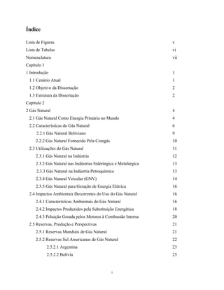 i
Índice
Lista de Figuras v
Lista de Tabelas vi
Nomenclatura vii
Capítulo 1
1 Introdução
1.1 Cenário Atual
1.2 Objetivo da Dissertação
1.3 Estrutura da Dissertação
1
1
2
2
Capítulo 2
2 Gás Natural
2.1 Gás Natural Como Energia Primária no Mundo
2.2 Características do Gás Natural
2.2.1 Gás Natural Boliviano
2.2.2 Gás Natural Fornecido Pela Comgás
2.3 Utilizações do Gás Natural
2.3.1 Gás Natural na Indústria
2.3.2 Gás Natural nas Indústrias Siderúrgica e Metalúrgica
2.3.3 Gás Natural na Indústria Petroquímica
2.3.4 Gás Natural Veicular (GNV)
2.3.5 Gás Natural para Geração de Energia Elétrica
2.4 Impactos Ambientais Decorrentes do Uso do Gás Natural
2.4.1 Características Ambientais do Gás Natural
2.4.2 Impactos Produzidos pela Substituição Energética
2.4.3 Poluição Gerada pelos Motores à Combustão Interna
2.5 Reservas, Produção e Perspectivas
2.5.1 Reservas Mundiais de Gás Natural
2.5.2 Reservas Sul Americanas de Gás Natural
2.5.2.1 Argentina
2.5.2.2 Bolívia
4
4
6
9
10
11
12
13
13
14
16
16
16
18
20
21
21
22
23
25
 