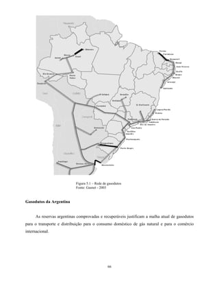 66
Figura 5.1 – Rede de gasodutos
Fonte: Gasnet - 2003
Gasodutos da Argentina
As reservas argentinas comprovadas e recuperáveis justificam a malha atual de gasodutos
para o transporte e distribuição para o consumo doméstico de gás natural e para o comércio
internacional.
 