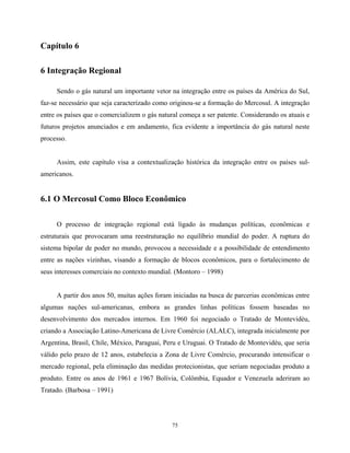 75
Capítulo 6
6 Integração Regional
Sendo o gás natural um importante vetor na integração entre os países da América do Sul,
faz-se necessário que seja caracterizado como originou-se a formação do Mercosul. A integração
entre os países que o comercializem o gás natural começa a ser patente. Considerando os atuais e
futuros projetos anunciados e em andamento, fica evidente a importância do gás natural neste
processo.
Assim, este capítulo visa a contextualização histórica da integração entre os países sul-
americanos.
6.1 O Mercosul Como Bloco Econômico
O processo de integração regional está ligado às mudanças políticas, econômicas e
estruturais que provocaram uma reestruturação no equilíbrio mundial do poder. A ruptura do
sistema bipolar de poder no mundo, provocou a necessidade e a possibilidade de entendimento
entre as nações vizinhas, visando a formação de blocos econômicos, para o fortalecimento de
seus interesses comerciais no contexto mundial. (Montoro – 1998)
A partir dos anos 50, muitas ações foram iniciadas na busca de parcerias econômicas entre
algumas nações sul-americanas, embora as grandes linhas políticas fossem baseadas no
desenvolvimento dos mercados internos. Em 1960 foi negociado o Tratado de Montevidéu,
criando a Associação Latino-Americana de Livre Comércio (ALALC), integrada inicialmente por
Argentina, Brasil, Chile, México, Paraguai, Peru e Uruguai. O Tratado de Montevidéu, que seria
válido pelo prazo de 12 anos, estabelecia a Zona de Livre Comércio, procurando intensificar o
mercado regional, pela eliminação das medidas protecionistas, que seriam negociadas produto a
produto. Entre os anos de 1961 e 1967 Bolívia, Colômbia, Equador e Venezuela aderiram ao
Tratado. (Barbosa – 1991)
 