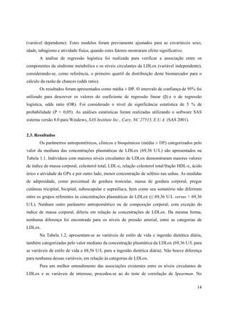 14
(variável dependente). Estes modelos foram previamente ajustados para as covariáveis sexo,
idade, tabagismo e atividade física, quando estes fatores mostraram efeito significativo.
A análise de regressão logística foi realizada para verificar a associação entre os
componentes da síndrome metabólica e os níveis circulantes da LDLox (variável independente),
considerando-se, como referência, o primeiro quartil da distribuição deste biomarcador para o
cálculo da razão de chances (odds ratio).
Os resultados foram apresentados como média ± DP. O intervalo de confiança de 95% foi
utilizado para descrever os valores do coeficiente de regressão linear ( ) e o de regressão
logística, odds ratio (OR). Foi considerado o nível de significância estatística de 5 % de
probabilidade (P < 0,05). As análises estatísticas foram realizadas utilizando o software SAS
sistema versão 8.0 para Windows, SAS Institute Inc., Cary, NC 27513, E.U.A. (SAS 2001).
2.3. Resultados
Os parâmetros antropométricos, clínicos e bioquímicos (média ± DP) categorizados pelo
valor da mediana das concentrações plasmáticas de LDLox (69,36 U/L) são apresentados na
Tabela 1.1. Indivíduos com maiores níveis circulantes de LDLox demonstraram maiores valores
de índice de massa corporal, colesterol total, LDL-c, relação colesterol total/fração HDL-c, ácido
úrico e atividade da GPx e por outro lado, menor concentração de selênio nas unhas. As medidas
de adiposidade, como percentual de gordura troncular, massa de gordura corporal, pregas
cutâneas tricipital, bicipital, subescapular e suprailíaca, bem como seu somatório não diferiram
entre os grupos referentes às concentrações plasmáticas de LDLox ( 69,36 U/L versus > 69,36
U/L). Nenhum outro parâmetro antropométrico ou de composição corporal, com exceção do
índice de massa corporal, diferiu em relação às concentrações de LDLox. Da mesma forma,
nenhuma diferença foi encontrada para os níveis de pressão arterial, entre as categorias de
LDLox.
Na Tabela 1.2, apresentam-se as variáveis de estilo de vida e ingestão dietética diária,
também categorizadas pelo valor mediano da concentração plasmática da LDLox (69,36 U/L para
as variáveis de estilo de vida e 68,56 U/L para a ingestão dietética diária). Não houve diferença
para nenhuma dessas variáveis, em relação às categorias de LDLox.
Para um melhor entendimento das associações existentes entre os níveis circulantes de
LDLox e as variáveis de interesse, procedeu-se ao do teste de correlação de Spearman. No
 