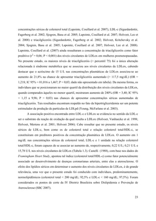 23
concentrações séricas de colesterol total (Lapointe, Couillard et al. 2007), LDL-c (Sigurdardottir,
Fagerberg et al. 2002; Sjogren, Basu et al. 2005; Lapointe, Couillard et al. 2007; Holvoet, Lee et
al. 2008) e triacilgliceróis (Sigurdardottir, Fagerberg et al. 2002; Holvoet, Kritchevsky et al.
2004; Sjogren, Basu et al. 2005; Lapointe, Couillard et al. 2007; Holvoet, Lee et al. 2008).
Lapointe, Couillard et al. (2007) ainda ressaltaram a concentração de triacilgliceróis como fator
preditivo (r2
= 0,06; P < 0,001) dos níveis circulantes de LDLox em mulheres posmenopausadas.
No presente estudo, os maiores níveis de triacilgliceróis (> percentil 75) foi a única alteração
relacionada à síndrome metabólica que se associou aos níveis circulantes da LDLox, cabendo
destacar que o acréscimo de 15 U/L nas concentrações plasmáticas de LDLox associou-se ao
aumento de 21,8% na chance de apresentar triacilgliceróis aumentado (> 117,5 mg/dL) (OR =
1,218; IC 95% = 01,016 a 1,467; P = 0,03; dado não apresentado em tabela). Da mesma forma, os
indivíduos que se posicionaram no maior quartil da distribuição dos níveis circulantes da LDLox,
quando comparados àqueles no menor quartil, mostraram aumento de 240% (OR = 3,40; IC 95%
= 1,15 a 9,96; P = 0,03) nas chances de apresentar concentrações séricas aumentadas de
triacilgliceróis. Tais resultados encontram respaldo no fato da hipertrigliceridemia ser um potente
estimulador da produção de partículas de LDLpd (Young, McFarlane et al. 2003).
A associação positiva encontrada entre LDL-c e LDLox se evidencia no sentido da LDL-c
ser o substrato da reação de oxidação da qual resulta a LDLox (Holvoet, Vanhaecke et al. 1998;
Holvoet, Mertens et al. 2001; Holvoet 2006). Cabe ressaltar que no presente estudo, os níveis
séricos de LDL-c, bem como os de colesterol total e relação colesterol total/HDL-c, se
constituíram em preditores positivos da concentração plasmática de LDLox. O aumento em 1
mg/dL nas concentrações séricas de colesterol total, LDL-c e 1 unidade na relação colesterol
total/HDL-c, foram capazes de se associar ao aumento de, respectivamente, 0,22 U/L; 0,21 U/L e
15,78 U/L nos níveis circulantes de LDLox (Tabela 1.3). Castelli (1988), com base nos dados do
Framingham Heart Study, apontou tal índice (colesterol total/HDL-c) como fator potencialmente
associado ao desenvolvimento de doenças coronarianas arteriais, entre elas a aterosclerose. O
efeito dos lipídios séricos em determinar o aumento dos níveis circulantes de LDLox, é de grande
relevância, uma vez que o presente estudo foi conduzido com indivíduos, predominantemente,
normolipidêmicos (colesterol total < 200 mg/dL; 92,5% e LDL-c < 160 mg/dL; 97,5%). Foram
considerados os pontos de corte da IV Diretriz Brasileira sobre Dislipidemia e Prevenção de
Aterosclerose (SBC 2007).
 