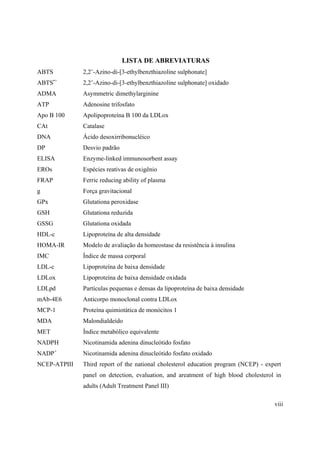 viii
LISTA DE ABREVIATURAS
ABTS 2,2’-Azino-di-[3-ethylbenzthiazoline sulphonate]
ABTS•+
2,2’-Azino-di-[3-ethylbenzthiazoline sulphonate] oxidado
ADMA Asymmetric dimethylarginine
ATP Adenosine trifosfato
Apo B 100 Apolipoproteína B 100 da LDLox
CAt Catalase
DNA Ácido desoxirribonucléico
DP Desvio padrão
ELISA Enzyme-linked immunosorbent assay
EROs Espécies reativas de oxigênio
FRAP Ferric reducing ability of plasma
g Força gravitacional
GPx Glutationa peroxidase
GSH Glutationa reduzida
GSSG Glutationa oxidada
HDL-c Lipoproteína de alta densidade
HOMA-IR Modelo de avaliação da homeostase da resistência à insulina
IMC Índice de massa corporal
LDL-c Lipoproteína de baixa densidade
LDLox Lipoproteína de baixa densidade oxidada
LDLpd Partículas pequenas e densas da lipoproteína de baixa densidade
mAb-4E6 Anticorpo monoclonal contra LDLox
MCP-1 Proteína quimiotática de monócitos 1
MDA Malondialdeído
MET Índice metabólico equivalente
NADPH Nicotinamida adenina dinucleótido fosfato
NADP+
Nicotinamida adenina dinucleótido fosfato oxidado
NCEP-ATPIII Third report of the national cholesterol education program (NCEP) - expert
panel on detection, evaluation, and areatment of high blood cholesterol in
adults (Adult Treatment Panel III)
 