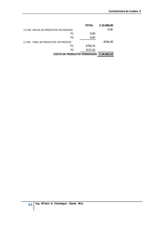 Contabilidad de Costos II




                                                  TOTAL     $ 33.000,00
(+) INV. INICIAL DE PRODUCTOS EN PROCESO                           0,00
                                      P1             0,00
                                      P2             0,00
(-) INV. FINAL DE PRODUCTOS EN PROCESO                        -8336,90
                                   P1        4764,70
                                   P2        3572,20
                        COSTO DE PRODUCTO TERMINADO $ 24.663,10




         Ing. Wilson A. Velastegui. Ojeda. Msc.
   44
 