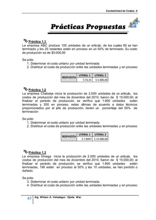Contabilidad de Costos II




 Práctica 1.1
La empresa ABC produce 100 unidades de un artículo, de los cuales 80 se han
terminado y los 20 restantes están en proceso en un 50% de terminado. Su costo
de producción es de $5.000,00

Se pide:
   1. Determinar el costo unitario por unidad terminada
   2. Distribuir el costo de producción entre las unidades terminadas y en proceso

                                           LITERAL 1       LITERAL 2
                              RESPUESTA
                                                 $ 55,55   $ 5.000,00


 Práctica 1.2
La empresa Chabelys inicia la producción de 2.000 unidades de un artículo, los
costos de producción del mes de diciembre del 2010, fueron de $ 15.000,00; al
finalizar el período de producción, se verifico que 1.800 unidades están
terminadas y 200 en proceso, estas últimas de acuerdo a datos técnicos
proporcionados por el jefe de producción, tienen un porcentaje del 50% de
terminación

Se pide:
   1. Determinar el costo unitario por unidad terminada
   2. Distribuir el costo de producción entre las unidades terminadas y en proceso

                                           LITERAL 1       LITERAL 2
                              RESPUESTA
                                             $ 7,8947 $ 15.000,00



 Práctica 1.3
La empresa Omega inicia la producción de 2.000 unidades de un artículo, los
costos de producción del mes de diciembre del 2010, fueron de $ 15.000,00; al
finalizar el período de producción, se verifico que 1.800 unidades están
terminadas, 190 están en proceso al 50% y las 10 unidades, se han perdido o
dañado.

Se pide:
   3. Determinar el costo unitario por unidad terminada
   4. Distribuir el costo de producción entre las unidades terminadas y en proceso


        Ing. Wilson A. Velastegui. Ojeda. Msc.
   47
 