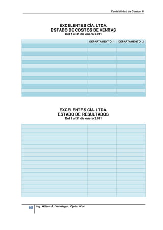 Contabilidad de Costos II




                   EXCELENTES CÍA. LTDA.
                ESTADO DE COSTOS DE VENTAS
                           Del 1 al 31 de enero 2.011

                                              DEPARTAMENTO 1   DEPARTAMENTO 2




                      EXCELENTES CÍA. LTDA.
                     ESTADO DE RESULTADOS
                           Del 1 al 31 de enero 2.011




     Ing. Wilson A. Velastegui. Ojeda. Msc.
68
 
