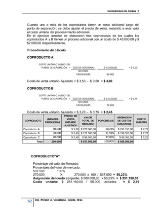 Contabilidad de Costos II




  Cuando uno o más de los coproductos tienen un costo adicional luego del
  punto de separación, se debe ajustar el precio de venta, restando a este valor
  el costo unitario del procesamiento adicional.
  En el ejercicio anterior se elaboraron tres coproductos de los cuales los
  coproductos A y B tienen un proceso adicional con un costo de $ 45.000,00 y $
  52.500,00 respectivamente.

  Procedimiento de cálculo

  COPRODUCTO A

            COSTO UNITARIO LUEGO DEL
              PUNTO DE SEPARACIÓN = COSTOS ADICIONAL            $ 45.000,00           = $ 0,50
                                        NO.UNID.
                                      PRODUCIDAS                  90.000

  Costo de venta unitario Ajustado = $ 3,50 – $ 0,50 = $ 3,00

  COPRODUCTO B

            COSTO UNITARIO LUEGO DEL
              PUNTO DE SEPARACIÓN = COSTOS ADICIONAL            $ 52.500,00           = $ 0,75
                                        NO.UNID.
                                      PRODUCIDAS                  70.000

  Costo de venta unitario Ajustado = $ 3,20 – $ 0,75 = $ 2,45
                                PRECIO DE
                                               VALOR                          ASIGNACION
                   UNIDADES       VENTA                                                       COSTO
 COPRODUCTO                                   TOTAL DE       PORCENTAJE       DE COSTOS
                  PRODUCIDAS     UNITARIO                                                    UNIATRIO
                                              MERCADO                         CONJUNTOS
                                AJUSTADO
Coproducto A           90.000        $ 3,00 $ 270.000,00         50,23%       $ 251.150,00       $ 2,79
Coproducto B           70.000        $ 2,45 $ 171.500,00         31,91%       $ 159.550,00       $ 2,27
Coproducto C           40.000        $ 2,40    $ 96.000,00       17,86%        $ 89.300,00       $ 2,23
          Total       200.000                 $ 537.500,00      100,00%       $ 500.000,00




     COPRODUCTO"A"

        Porcentaje del valor de Mercado:
        Porcentajes del valor de mercado:
        537.500          100%
        270.000             X        270.000 x 100 / 537.500 = 50,23%
        Asignación del costo conjunto: $ 500.000,00 x 50,23% = $ 251.150,00
        Costo unitario: $ 251.150,00 / 90.000 unidades             = $ 2,79




         Ing. Wilson A. Velastegui. Ojeda. Msc.
   82
 