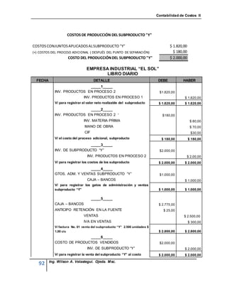 Contabilidad de Costos II




                    COSTOS DE PRODUCCIÓN DEL SUBPRODUCTO "Y"

COSTOS CONJUNTOS APLICADOS AL SUBPRODUCTO "Y"                                       $ 1.820,00
(+) COSTOS DEL PROCESO ADICIONAL ( DESPUÉS DEL PUNTO DE SEPARACIÓN)                   $ 180,00
                     COSTO DEL PRODUCCIÓN DEL SUBPRODUCTO "Y"                       $ 2.000,00

                                 EMPRESA INDUSTRIAL “EL SOL”
                                        LIBRO DIARIO
  FECHA                                DETALLE                               DEBE          HABER
                             _____1_____
             INV. PRODUCTOS EN PROCESO 2                                     $1.820,00
                               INV. PRODUCTOS EN PROCESO 1                                  $ 1.820,00
             V/ para registrar el valor neto realizable del subproducto      $ 1.820,00     $ 1.820,00
                             _____2_____
             INV. PRODUCTOS EN PROCESO 2 ”                                     $180,00
                               INV. MATERIA PRIMA                                                 $ 80,00
                                MANO DE OBRA                                                      $ 70,00
                                CIF                                                               $30,00
             V/ el costo del proceso adicional, subproducto                   $ 180,00           $ 180,00
                              _____3_____
             INV. DE SUBPRODUCTO “Y”                                         $2.000,00
                                 INV. PRODUCTOS EN PROCESO 2                                 $ 2.00,00
             V/ para registrar los costos de los subproducto                 $ 2.000,00     $ 2.000,00
                              _____4_____
             GTOS. ADM. Y VENTAS SUBPRODUCTO “Y”                             $1.000,00
                                 CAJA – BANCOS                                              $ 1.000,00
             V/ para registrar los gatos de administración y ventas
             subproducto “Y”                                                 $ 1.000,00     $ 1.000,00

                                      _____5_____
             CAJA – BANCOS                                                   $ 2.775,00
             ANTICIPO RETENCIÓN EN LA FUENTE                                    $ 25,00
                               VENTAS                                                       $ 2.500,00
                               IVA EN VENTAS                                                     $ 300,00
             V/ factura No. 01 venta del subproducto “Y” 2.500 unidades $
             1,00 c/u                                                        $ 2.800,00     $ 2.800,00
                            _____6_____
             COSTO DE PRODUCTOS VENDIDOS                                     $2.000,00
                                 INV. DE SUBPRODUCTO “Y”                                    $ 2.000,00
             V/ para registrar la venta del subproducto “Y” al costo         $ 2.000,00     $ 2.000,00

          Ing. Wilson A. Velastegui. Ojeda. Msc.
   92
 