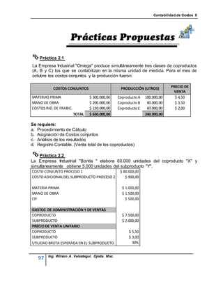 Contabilidad de Costos II




 Práctica 2.1
La Empresa Industrial "Omega" produce simultáneamente tres clases de coproductos
(A, B y C) los que se contabilizan en la misma unidad de medida. Para el mes de
octubre los costos conjuntos y la producción fueron:

           COSTOS CONJUNTOS                       PRODUCCIÓN (LITROS)         PRECIO DE
                                                                               VENTA
MATERIAS PRIMA                   $ 300.000,00    Coproducto A   100.000,00      $ 4,50
MANO DE OBRA                     $ 200.000,00    Coproducto B    80.000,00      $ 3,50
COSTOS IND. DE FRABIC.           $ 150.000,00    Coproducto C    60.000,00      $ 2,00
                         TOTAL   $ 650.000,00                   240.000,00

Se requiere:
a. Procedimiento de Cálculo
b. Asignación de Costos conjuntos
c. Análisis de los resultados
d. Registro Contable. (Venta total de los coproductos)

 Práctica 2.2
La Empresa Industrial "Bonita " elabora 60.000 unidades del coproducto "X" y
simultáneamente obtiene 5.000 unidades del subproducto "Y".
COSTO CONJUNTO PROCESO 1                          $ 80.000,00
COSTO ADICIONAL DEL SUBPRODUCTO PROCESO 2            $ 900,00

MATERIA PRIMA                                      $ 1.000,00
MANO DE OBRA                                       $ 1.500,00
CIF                                                  $ 500,00

GASTOS DE ADMINISTRACIÓN Y DE VENTAS
COPRODUCTO                                         $ 7.500,00
SUBPRODUCTO                                        $ 2.000,00
PRECIO DE VENTA UNITARIO
COPRODUCTO                                             $ 5,50
SUBPRODUCTO                                            $ 3,00
UTILIDAD BRUTA ESPERADA EN EL SUBPRODUCTO                30%


        Ing. Wilson A. Velastegui. Ojeda. Msc.
   97
 