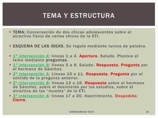 TEMA: Conversación de dos chicas adolescentes sobre el atractivo físico de varios chicos de la ETI.ESQUEMA DE LAS IDEAS. Se regula mediante turnos de palabra. 1ª intervención A: líneas 1 a 4. Apertura. Saludo. Plantea el tema mediante preguntas.1ª intervención B: líneas 5 a 9. Saludo. Respuesta. Preguntapor el hermano de Sánchez.2ª intervención A: Líneas 10 a 11. Respuesta. Preguntapor el sentido de la pregunta anterior.2ª intervención B: líneas 12 a 16. Respuestasobre el hermano de Sánchez, sobre el desinterés por los estudios, sobre el atractivo de los “muetes” de la ETI.3ª intervención A: líneas 17 a 20. Asentimiento. Despedida. Cierre.24TEMA Y ESTRUCTURACOMENTARIO DE TEXTO