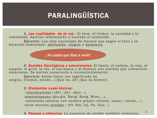 	1. Las cualidades de la voz : El tono, el timbre, la cantidad y la intensidad. Aportan información o matizan el contenido. Ejercicio: Lee este enunciado de manera que según el tono y la duración comunique: desilusión, alegría o desprecio	2. Sonidos fisiológicos y emocionales: El llanto, el sollozo, la risa, el suspiro, el grito, la tos, el carraspeo y el bostezo son sonidos que comunican emociones. Se emiten consciente o inconscientemente. Ejercicio: Emite llanto con significado de alegría, tristeza, miedo….(¡Que no, eh! ¡Que es broma!)3. Elementos cuasi-léxicos: -interjecciones (¡Ah!, ¡Ay!, ¡Aja!...),	-onomatopeyas (glu-glu, Bang- Bang, Miau,...), 	- emisiones sonoras con nombre propio (chistar, sisear, roncar,...) 	-otros muchos sonidos ( Uff, Hm, Iaj, Ps, Ouu...)	4. Pausas y silencios: La ausencia de sonido también comunica. PARALINGÜÍSTICA¡ No sabía que ibas a venir!5