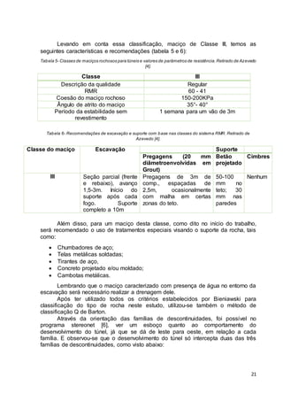 Levando em conta essa classificação, maciço de Classe III, temos as 
21 
seguintes características e recomendações (tabela 5 e 6): 
Tabela 5- Classes de maciços rochosos para túneis e valores de parâmetros de resistência. Retirado de Azevedo 
[4]. 
Classe III 
Descrição da qualidade Regular 
RMR 60 - 41 
Coesão do maciço rochoso 150-200KPa 
Ângulo de atrito do maciço 35°- 40° 
Período da estabilidade sem 
revestimento 
1 semana para um vão de 3m 
Tabela 6- Recomendações de escavação e suporte com base nas classes do sistema RMR. Retirado de 
Azevedo [4]. 
Classe do maciço Escavação Suporte 
Pregagens (20 mm 
diâmetroenvolvidas em 
Grout) 
Betão 
projetado 
Cimbres 
III Seção parcial (frente 
e rebaixo), avanço 
1,5-3m. Início do 
suporte após cada 
fogo. Suporte 
completo a 10m 
Pregagens de 3m de 
comp., espaçadas de 
2,5m, ocasionalmente 
com malha em certas 
zonas do teto. 
50-100 
mm no 
teto; 30 
mm nas 
paredes 
Nenhum 
Além disso, para um maciço desta classe, como dito no início do trabalho, 
será recomendado o uso de tratamentos especiais visando o suporte da rocha, tais 
como: 
 Chumbadores de aço; 
 Telas metálicas soldadas; 
 Tirantes de aço, 
 Concreto projetado e/ou moldado; 
 Cambotas metálicas. 
Lembrando que o maciço caracterizado com presença de água no entorno da 
escavação será necessário realizar a drenagem dele. 
Após ter utilizado todos os critérios estabelecidos por Bieniawski para 
classificação do tipo de rocha neste estudo, utilizou-se também o método de 
classificação Q de Barton. 
Através da orientação das famílias de descontinuidades, foi possível no 
programa stereonet [6], ver um esboço quanto ao comportamento do 
desenvolvimento do túnel, já que se dá de leste para oeste, em relação a cada 
família. E observou-se que o desenvolvimento do túnel só intercepta duas das três 
famílias de descontinuidades, como visto abaixo: 
 