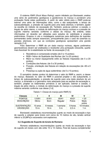 O sistema RMR (Rock Mass Rating), assim intitulado por Bieniawski, analisa 
uma série de parâmetros geológicos e geotécnicos no maciço e ponderam uma 
pontuação frente estes parâmetros. A partir do valor obtido para o RMR pode-se 
estimar uma série de informações úteis, como o vão autoportante, o tempo de 
autossustentação, a pressão de suporte para uma dada abertura, e também, ajudar 
na escolha do método de escavação [4]. Também, pode-se estimar: a coesão, o 
ângulo de atrito interno, o módulo de deformação do maciço rochoso e a pressão de 
suporte máxima variando conforme a classe do maciço. No entanto, estas 
informações só deverão ser utilizadas para estudos de viabilidade e projetos 
preliminares. Ensaios in situ e modelagens numéricas para definições de suportes 
permanentes serão sempre essenciais, principalmente para o caso de cavernas ou 
grandes aberturas, em que as condições geológicas apresentam uma grande 
variação [1,4]. 
Para determinar o RMR de um dado maciço rochoso, alguns parâmetros 
geomecânicos devem ser analisados e receberão uma pontuação crescente, quanto 
mais favorável for à estabilidade na frente de escavação [1,4]: 
 Resistência à compressão simples (de 0 a 15 pontos); 
 RQD= Índice de Qualidade das Rochas (de 3 a 20 pontos); 
 Maior ou menor espaçamento entre as fraturas mapeadas (de 5 a 20 
4 
pontos); 
 Condições das fraturas (de 0 a 30 pontos); 
 Posição, orientação das fraturas em relação às escavações (de -60 a 0 
ponto); 
 Presença ou ação de água subterrânea (de 0 a 10 pontos). 
O somatório destes pontos irá determinar o valor do RMR e, assim, a classe 
do maciço. Baseado no valor do RMR é possível projetar o vão autoportante, o 
tempo de autossustentação, a pressão de suporte para uma dada abertura de um 
maciço, a dimensão e a geometria mais adequada para as seções de escavação e, 
também, projetar os tratamentos primários a ser aplicado, estimar a coesão, o 
ângulo de atrito interno, o módulo de deformação do maciço e a pressão de suporte 
máxima variando conforme sua classe [1,4]: 
Tabela 1- Classe do maciço pelo RMR [1]. 
Classes I II III IV V 
PONTOS 110/81 81/61 60/41 40/21 < 20 
DESCRIÇÃO Ótimo Bom Regular Pobre Muito 
pobre 
SUSTENTAÇÃO 10 anos 6 meses 1 semana 5 horas 10 minutos 
VÃO/SEÇÃO 15 m 10 m 5 m 2,5 m 1 m 
Bieniawski estabeleceu recomendações quanto ao modo de escavação e tipo 
de suporte a adaptar para túneis com cerca de 10 metros de vão, tensão vertical 
inferior a 25 [MPa] e escavados com explosivos. 
3.2. Sugestão de Suporte de túneis de Romana 
Romana estabeleceu recomendações quanto ao modo de escavação e tipo 
de suporte em túneis com vão entre 10 e 14 metros. Para tal, buscou complementar 
 