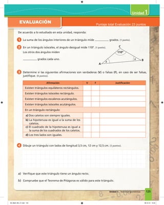 EVALUACIÓN
125
1
Unidad 1 Teoremas geométricos
1
Puntaje total Evaluación 23 puntos
De acuerdo a lo estudiado en esta unidad, responda:
1 La suma de los ángulos interiores de un triángulo mide grados. (1 punto).
2 En un triángulo isósceles, el ángulo desigual mide 110º. (1 punto).
Los otros dos ángulos miden
grados cada uno.
3 Determine si las siguientes afirmaciones son verdaderas (V) o falsas (F), en caso de ser falsas,
justifique. (8 puntos).
110º
x
A
B
C
x
Afirmación V F Justificación
Existen triángulos equiláteros rectángulos.
Existen triángulos isósceles rectángulo.
Existen triángulos escalenos acutángulos.
Existen triángulos isósceles acutángulos.
En un triángulo rectángulo:
a) Dos catetos son siempre iguales.
b) La hipotenusa es igual a la suma de los
catetos.
c) El cuadrado de la hipotenusa es igual a
la suma de los cuadrados de los catetos.
d) Los tres lados son iguales.
4 Dibuje un triángulo con lados de longitud 3,5 cm, 12 cm y 12,5 cm. (3 puntos).
a) Verifique que este triángulo tiene un ángulo recto.
b) Compruebe que el Teorema de Pitágoras es válido para este triángulo.
06_Mat3_M3_U1.indd 125 08-10-12 12:54
 