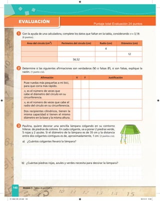 140 Módulo 3 Temas de geometría
EVALUACIÓN Puntaje total Evaluación 24 puntos
1 Con la ayuda de una calculadora, complete los datos que faltan en la tabla, considerando π = 3,14:
(6 puntos).
Área del círculo (cm2
) Perímetro del círculo (cm) Radio (cm) Diámetro (cm)
4
12
56,52
2 Determine si las siguientes aﬁrmaciones son verdaderas (V) o falsas (F), si son falsas, explique la
razón. (1 punto c/u).
Aﬁrmación V F Justiﬁcación
Puse ruedas más pequeñas a mi bici,
para que corra más rápido.
π, es el número de veces que
cabe el diámetro del círculo en su
circunferencia.
π, es el número de veces que cabe el
radio del círculo en su circunferencia.
Dos recipientes cilíndricos, tienen la
misma capacidad si tienen el mismo
diámetro en la base y la misma altura.
3 Paulina, quiere decorar una sencilla lámpara colgando en su contorno
hileras de piedras de colores. En cada colgante, va a poner 2 piedras verde,
5 rojas y 2 azules. Si el diámetro de la lámpara es de 35 cm y la distancia
entre dos colgantes contiguos es de, aproximadamente, 1 cm: (2 puntos c/u).
a) ¿Cuántos colgantes llevará la lámpara?
b) ¿Cuántas piedras rojas, azules y verdes necesita para decorar la lámpara?
07_Mat3_M3_U2.indd 140 08-10-12 12:58
 