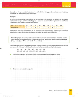 171Unidad 2 Medidas de tendencia central
2
La moda no siempre se sitúa hacia el centro de la distribución y grandes variaciones en los datos,
diferentes de la moda, no afectan su valor.
Ejemplo:
El Centro de geriatría de Soacha, en el sur de Colombia, está haciendo un catastro de las edades
de los ancianos que residen en los hogares a cargo del Estado. Se han registrado las edades de
30 ancianos, que presentamos a continuación:
Edad de los ancianos 75 77 78 79 80 81 83 86 90
Frecuencia 8 2 1 3 4 5 4 2 1
La moda en este conjunto de datos, es 75, puesto que es el número que tiene mayor frecuencia
absoluta (se repite 8 veces), sin embargo, no está al centro de la distribución.
En ciertos grupos de datos, puede haber más de una moda, es el caso en que dos o más valores
de la variable presenten la misma frecuencia. De ser así, se dice que la distribución es bimodal
(dos variables) o multimodal (más de dos variables).
Se ha realizado una encuesta a 40 personas, consultándoles por el número de personas con que
comparten la vivienda, incluidos ellos mismos. Se han obtenido los siguientes datos:
2, 3, 2, 3, 7, 5, 8, 1, 4, 5, 3, 9, 3, 4, 1, 6, 5, 3, 5, 6, 8,
3, 6, 1, 5, 3, 6, 5, 2, 7, 1, 8, 2, 5, 3, 7, 5, 2, 4, 5, 3.
Construya una tabla de distribución de frecuencias absolutas para estos datos.
Determine la moda del conjunto.
09_Mat3_M4_U2.indd 171 08-10-12 13:04
 