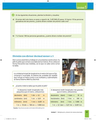 23
1
Unidad 1 Multiplicación y división de números decimales
2 En las siguientes situaciones, plantee la división y resuelva:
a) El sorteo del Loto tiene un pozo a repartir de 5.457.843,25 pesos. Si fueron 10 las personas
ganadoras de ese premio, ¿cuánto dinero reciben de premio cada una?
b) Y si fueran 100 las personas ganadoras, ¿cuánto dinero reciben de premio?
División con divisor decimal menor a 1
Don Luis es carpintero y trabaja en una empresa constructora. Su
jefe le pidió que cortara una tabla de 0,2 metros. Él no utiliza en
forma frecuente esas medidas, así es que no sabe como cortar
la tabla.
La unidad principal de longitud es el metro (m) que es ﬁjo,
universal e invariable. El sistema de unidades de medida
que incluye al metro junto a sus múltiplos y submúltiplos
se llama Sistema Métrico Decimal.
¿Cuánto mide la tabla que le pidió el jefe?
Si deseamos medir longitudes más
pequeñas que el metro, utilizaremos:
decímetro (dm) 1 dm = 0,1 m
centímetro (cm) 1 cm = 0,01 m
milímetro (mm) 1 mm = 0,001 m
1 m = 10 dm = 100 cm = 1.000 mm
Si deseamos medir longitudes más grandes
que el metro, utilizaremos:
decámetro (dam) 1 dam = 10 m
hectómetro (hm) 1 hm = 100 m
kilómetro (km) 1 km = 1.000 m
1 m = 0,1 dam = 0,01 hm = 0,001 km
Fuente: http://www.escolar.com/matem/20medlong.htm
01_Mat3_M1_U1.indd 23 08-10-12 12:32
 