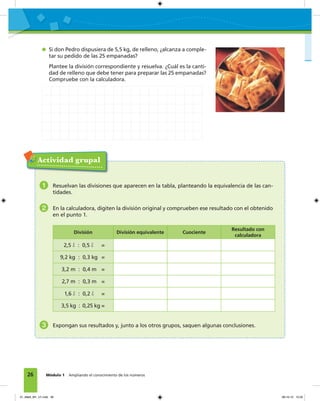 26 Módulo 1 Ampliando el conocimiento de los números
Actividad grupal
1 Resuelvan las divisiones que aparecen en la tabla, planteando la equivalencia de las can-
tidades.
2 En la calculadora, digiten la división original y comprueben ese resultado con el obtenido
en el punto 1.
División División equivalente Cuociente
Resultado con
calculadora
2,5 &l : 0,5 &l =
9,2 kg : 0,3 kg =
3,2 m : 0,4 m =
2,7 m : 0,3 m =
1,6 &l : 0,2 &l =
3,5 kg : 0,25 kg =
3 Expongan sus resultados y, junto a los otros grupos, saquen algunas conclusiones.
Si don Pedro dispusiera de 5,5 kg, de relleno, ¿alcanza a comple-
tar su pedido de las 25 empanadas?
Plantee la división correspondiente y resuelva. ¿Cuál es la canti-
dad de relleno que debe tener para preparar las 25 empanadas?
Compruebe con la calculadora.
01_Mat3_M1_U1.indd 26 08-10-12 12:32
 