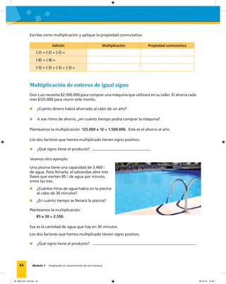 44 Módulo 1 Ampliando el conocimiento de los números
Escriba como multiplicación y aplique la propiedad conmutativa.
Adición Multiplicación Propiedad conmutativa
(-2) + (-2) + (-2) =
(-8) + (-8) =
(-3) + (-3) + (-3) + (-3) =
Multiplicación de enteros de igual signo
Don Luis necesita $2.500.000 para comprar una máquina que utilizará en su taller. Él ahorra cada
mes $125.000 para reunir este monto.
¿Cuánto dinero habrá ahorrado al cabo de un año?
A ese ritmo de ahorro, ¿en cuánto tiempo podrá comprar la máquina?
Planteamos la multiplicación: 125.000 x 12 = 1.500.000. Este es el ahorro al año.
Los dos factores que hemos multiplicado tienen signo positivo.
¿Qué signo tiene el producto?
Veamos otro ejemplo:
Una piscina tiene una capacidad de 3.460 &l
de agua. Para llenarla, el salvavidas abre tres
llaves que vierten 85 &l de agua por minuto,
entre las tres.
¿Cuántos litros de agua habrá en la piscina
al cabo de 30 minutos?
¿En cuánto tiempo se llenará la piscina?
Planteamos la multiplicación:
85 x 30 = 2.550.
Esa es la cantidad de agua que hay en 30 minutos.
Los dos factores que hemos multiplicado tienen signo positivo.
¿Qué signo tiene el producto?
02_Mat3_M1_U2.indd 44 08-10-12 12:44
 