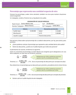 81
1
Unidad 1 Razones y porcentajes
Porcentaje que representa una cantidad respecto de otra
Conocer los porcentajes y saber cómo calcularlo, también nos sirve para resolver situaciones
como la siguiente:
Un trabajador, recibió a ﬁnal de mes su liquidación de sueldo:
LIQUIDACIÓN DE SUELDO MENSUAL
Razón Social: RUT:
Nombre Trabajador: RUT Trabajador:
Haberes Descuentos previsionales
Sueldo base: $ 240.000 Salud $ 16.800
Movilización: A.F.P. $ 28.800
Líquido a pagar: Total de descuentos
Esta persona, desea saber qué porcentaje de su sueldo le descuentan, por ley, para salud y para
previsión.
¿Cómo podemos calcular el porcentaje que representa cada cantidad dentro del sueldo?
Hecho los descuentos, ¿cuánto es el sueldo líquido que recibe esta persona?
Si planteamos las razones, tendremos lo siguiente:
Como no conocemos el porcentaje, la razón llevará una incógnita que la designamos con una
letra cualquiera, en este caso con la letra a, entonces:
a
100
=
16.800
240.000
Tenemos: a =
16.800 x 100
240.000
= 7% . Ese es el porcentaje de descuento por concepto de salud.
Para determinar el porcentaje que se descuenta por previsión, procedemos de la misma forma:
a
100
=
28.800
240.000
Tenemos: a =
28.800 x 100
240.000
= 12% . Ese es el porcentaje de descuento por concepto de previsión.
Calcule cuál es el sueldo líquido de este trabajador.
Multiplicamos por 100 la cantidad que queremos
expresar como % y la dividimos por el total.
Multiplicamos por 100 la cantidad que queremos
expresar como % y la dividimos por el total.
Centro Médico Ltda.
Nelson Pereira
92.000.450-1
8.456.390-k
04_Mat3_M2_U1.indd 81 08-10-12 12:50
 