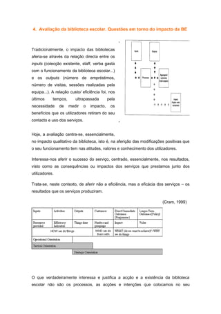 4. Avaliação da biblioteca escolar. Questões em torno do impacto da BE

                                                     ·
Tradicionalmente, o impacto das bibliotecas
aferia-se através da relação directa entre os
inputs (colecção existente, staff, verba gasta
com o funcionamento da biblioteca escolar...)
e os outputs (número de empréstimos,
número de visitas, sessões realizadas pela
equipa...). A relação custo/ eficiência foi, nos
últimos     tempos,      ultrapassada         pela
necessidade     de    medir    o   impacto,    os
benefícios que os utilizadores retiram do seu
contacto e uso dos serviços.                         ·


Hoje, a avaliação centra-se, essencialmente,
no impacto qualitativo da biblioteca, isto é, na aferição das modificações positivas que
o seu funcionamento tem nas atitudes, valores e conhecimento dos utilizadores.

Interessa-nos aferir o sucesso do serviço, centrado, essencialmente, nos resultados,
visto como as consequências ou impactos dos serviços que prestamos junto dos
utilizadores.

Trata-se, neste contexto, de aferir não a eficiência, mas a eficácia dos serviços – os
resultados que os serviços produziram.

                                                                        (Cram, 1999)




O que verdadeiramente interessa e justifica a acção e a existência da biblioteca
escolar não são os processos, as acções e intenções que colocamos no seu
 