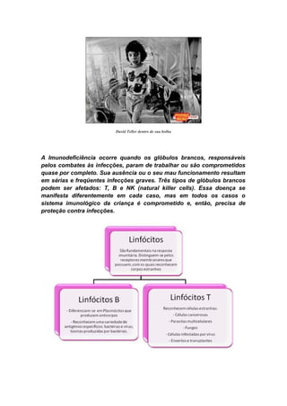 David Teller dentro de sua bolha




A Imunodeficiência ocorre quando os glóbulos brancos, responsáveis
pelos combates às infecções, param de trabalhar ou são comprometidos
quase por completo. Sua ausência ou o seu mau funcionamento resultam
em sérias e freqüentes infecções graves. Três tipos de glóbulos brancos
podem ser afetados: T, B e NK (natural killer cells). Essa doença se
manifesta diferentemente em cada caso, mas em todos os casos o
sistema imunológico da criança é comprometido e, então, precisa de
proteção contra infecções.
 