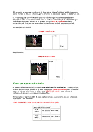 El navegador se encarga normalmente de dimensionar el tamaño total de la tabla de acuerdo
con el número de filas, de columnas, por el contenido de las celdas, espesor de los bordes, etc.

A veces nos puede convenir forzarle para que la tabla tenga unas dimensiones totales
mayores que las que le corresponden, tanto en anchura como en longitud. Esto se consigue
añadiendo dentro de la etiqueta de la tabla los atributos WIDTH y HEIGHT igual a un
porcentaje de la dimensión de la pantalla, o a una cifra que equivale al número de pixels.

Por ejemplo, si ponemos:

                                    <TABLE WIDTH=60%>

                                                         Arriba




                                                                       Abajo



O, si ponemos:

                                   <TABLE HEIGHT=200>

                                                   Arriba




                                                               Abajo



Celdas que abarcan a otras varias

A veces puede interesarnos que una celda se extienda sobre otras varias. Esto se consigue
añadiéndo dentro de la etiqueta de la celda los atributos COLSPAN=número para extenderse
sobre un número determinado de columnas, o ROWSPAN=número para extenderse
verticalmente sobre un número determinado de filas.

Por ejemplo, en la primera tabla de este capítulo vamos a añadir una fila con una sola celda,
que abarca a dos columnas:

<TR> <TD COLSPAN=2> Celda sobre 2 columnas </TD> <TR>

                            Celda sobre 2 columnas
                               fila1-
                                         fila1-celda2 fila1-celda3
                              celda1

                               fila2-
                                         fila2-celda2   fila2-celda3
                              celda1
 