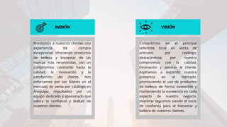 MISIÓN VISIÓN
Brindamos a nuestros clientes una
experiencia de compra
excepcional, ofreciendo productos
de belleza y bienestar de las
marcas más reconocidas, con un
compromiso constante hacia la
calidad, la innovación y la
satisfacción del cliente. Nos
esforzamos por ser líderes en el
mercado de venta por catálogo en
Arequipa, impulsados por un
equipo dedicado y apasionado que
valora la confianza y lealtad de
nuestros clientes.
Convertirnos en el principal
referente local en venta de
artículos por catálogo,
destacándose por nuestro
compromiso con la calidad,
innovación y servicio al cliente.
Aspiramos a expandir nuestra
presencia en el mercado,
promoviendo el uso de productos
de belleza de forma sostenible y
manteniendo la excelencia en cada
aspecto de nuestro negocio,
mientras seguimos siendo el socio
de confianza para el bienestar y
belleza de nuestros clientes.
 