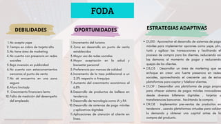 FODA
DEBILIDADES OPORTUNIDADES ESTRATEGIAS ADAPTIVAS
No acepta yape
1.
Tiempo en cobro de tarjeta alto
2.
No tiene área de marketing
3.
No cuenta con presencia en redes
sociales
4.
Baja inversión en publicidad
5.
No cuenta con estacionamientos
cercanos al punto de venta
6.
No sé encuentra en una zona
segura
7.
Aforo limitado
8.
Crecimiento financiero lento
9.
Falta de medición del desempeño
del empleado
10.
Incremento del turismo
1.
Zona en desarrollo sin punto de venta
establecidos
2.
Mayor uso de redes sociales
3.
Mayor aceptación en la salud y
bienestar personal
4.
Preferencia por marcas de calidad
5.
Incremento de la tasa poblacional a un
2.3% respecto a Arequipa
6.
Aumento del crecimiento económico al
6.8%
7.
Desarrollo de productos de belleza en
tendencia
8.
Desarrollo de tecnología como IA y RA
9.
Desarrollo de sistemas de pago móviles
y aplicativos digitales
10.
Aplicaciones de atención al cliente en
línea.
11.
D1,010 : Aprovechar el desarrollo de sistemas de pago
móviles para implementar opciones como yape, plin,
tunki y agilizar las transacciones y facilitando el
proceso de compra para los clientes, reduciendo así
las demoras al momento de pagar y reduciendo
quejas de los clientes.
D3,O3 : Desarrollar un área de marketing que se
enfoque en crear una fuerte presencia en redes
sociales, aprovechando el creciente uso de estas
plataformas para captar y fidelizar clientes.
D1,O9 : Desarrollar una plataforma de pago propia
para ofrecer sistema de pagos móviles innovadores
desde diversas billeteras digitales , tarjetas y
transferencias bancarias , facilitando la compra.
D9,O8 : Implementar pre-ventas de productos en
tendencia , usando plataformas virtuales para validar
la demanda y obtener una capital antes de la
compra del producto.
 