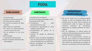 FODA
DEBILIDADES AMENAZAS ESTRATEGIAS
SUPERVIVENCIA
No acepta yape
1.
Tiempo en cobro de tarjeta alto
2.
No tiene área de marketing
3.
No cuenta con presencia en redes
sociales
4.
Baja inversión en publicidad
5.
No cuenta con estacionamientos
cercanos al punto de venta
6.
No sé encuentra en una zona
segura
7.
Aforo limitado
8.
Crecimiento financiero lento
9.
Falta de medición del desempeño
del empleado
10.
Incremento de contrabando
1.
Aumento de tasa de desempleo a 7.9%
2.
Impuestos de IGV (18%)
3.
Competencia con buen
posicionamiento de venta
4.
Competencia especializada en venta
múltiple y personalizado
5.
Competitividad de precios de la
competencia
6.
Aumento de reseñas en plataforma
digitales
7.
Nuevas marcas extranjeras (Maybelline,
etc) con posicionamiento en lugares de
venta ancla (Mall Aventura, Real Plaza)
8.
Marcas proveedores con valorización
negativa de calidad
9.
D5, A6, A7: Invertir más en publicidad digital,
creando un área de marketing dentro de la
empresa para así poder lanzar campañas de
concientización sobre los riesgos de adquirir
productos cosméticos de contrabando,
destacando los posibles problemas de salud y
calidad.
D10, A4: Implementar un sistema básico de
evaluación del desempeño que permita medir la
productividad de los empleados.
D6, A8: Si el estacionamiento cercano es
limitado, tener convenios con estacionamientos
cercanos podría solucionar este inconveniente.
Esto reducirá las desventajas que presenta la
ubicación y aumentará la confianza del cliente.
 