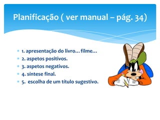 Planificação ( ver manual – pág. 34)

1. apresentação do livro…filme…
2. aspetos positivos.
3. aspetos negativos.
4. síntese final.
5. escolha de um título sugestivo.

 