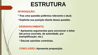 INTRODUÇÃO:
• Traz uma questão polêmica relevante e atual.
• Explicita sua posição diante dessa questão.
DESENVOLVIMENTO:
• Apresenta argumentos para convencer o leitor
(de prova concreta, de autoridade, por
exemplificação, etc.)
• Discute opiniões contrárias.
CONCLUSÃO: Apresenta proposição.
 