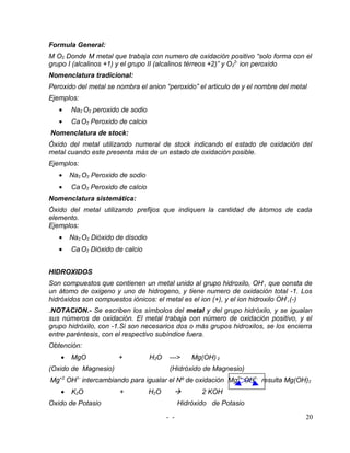 Formula General:
M O2 Donde M metal que trabaja con numero de oxidación positivo “solo forma con el
grupo I (alcalinos +1) y el grupo II (alcalinos térreos +2)” y O22- ion peroxido
Nomenclatura tradicional:
Peroxido del metal se nombra el anion “peroxido” el articulo de y el nombre del metal
Ejemplos:
   •    Na2 O2 peroxido de sodio
   •    Ca O2 Peroxido de calcio
Nomenclatura de stock:
Óxido del metal utilizando numeral de stock indicando el estado de oxidación del
metal cuando este presenta más de un estado de oxidación posible.
Ejemplos:
   •    Na2 O2 Peroxido de sodio
   •    Ca O2 Peroxido de calcio
Nomenclatura sistemática:
Óxido del metal utilizando prefijos que indiquen la cantidad de átomos de cada
elemento.
Ejemplos:
   •    Na2 O2 Dióxido de disodio
   •    Ca O2 Dióxido de calcio


HIDROXIDOS
Son compuestos que contienen un metal unido al grupo hidroxilo, OH-, que consta de
un átomo de oxigeno y uno de hidrogeno, y tiene numero de oxidación total -1. Los
hidróxidos son compuestos iónicos: el metal es el ion (+), y el ion hidroxilo OH-,(-)
.NOTACION.- Se escriben los símbolos del metal y del grupo hidróxilo, y se igualan
sus números de oxidación. El metal trabaja con número de oxidación positivo, y el
grupo hidróxilo, con -1.Si son necesarios dos o más grupos hidroxilos, se los encierra
entre paréntesis, con el respectivo subíndice fuera.
Obtención:
    •   MgO            +            H2O    --->     Mg(OH) 2
(Oxido de Magnesio)                        (Hidróxido de Magnesio)
Mg OH intercambiando para igualar el Nº de oxidación Mg2+ OH1- resulta Mg(OH)2
   +2     1-


    •   K2O             +           H2O               2 KOH
Oxido de Potasio                                Hidróxido de Potasio

                                          - -                                       20
 