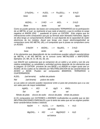 2 Fe(OH) 3          +         H2SO4           --->    Fe2(SO4) 3             +    6 H2O
          base                            ácido                          sal                    agua


            Al(OH) 3       +             3 HCl       --->          AlCl3            +        3 H2O
           Base                          ácido                         sal                     agua
Como se puede apreciar, las bases son compuestos TERNARIOS con la participación
de un METAL el cual es realmente el que cede el electrón y que le confiere la carga
negativa al ANION (OH) - 1, quedando él como un CATION. Esto origina que en
interacciones entre compuestos que por su fórmula sean llamados hidróxidos, alguno
de ellos tenga un comportamiento ACIDO, lo cual depende de la capacidad de ceder
electrones de los metales. Aquel que tenga una mayor electronegatividad se
comportara como NO METAL (Al) y el compuesto que lo posea se comportara como
un ACIDO.
               3 NaOH          +        Al(OH) 3          --->     Na3AlO3           +       3 H2O
           base                          ácido                           sal                   agua
A los elementos que dependiendo de las condiciones pueden adquirir características
de METAL o de NO METAL se le conoce como METALOIDE o ANFOTERO.
Ejemplos: Zn, Mn, Al, Cr, W, As, Sb, etc.
Las SALES son sustancias que se componen de un catión y un anión y son de una
relativa estabilidad; su solubilidad y actividad química depende de los elementos que
la integran. El CATION proviene de una BASE y el ANION su origen quizá sea un
ACIDO, de los cuales se ha obtenido por NEUTRALIZACION de las características de
ACIDO y BASE. Pueden ser compuestos BINARIOS, TERNARIOS o
CUATERNARIOS.
K2SO4       (sal ternaria)             sulfato de potasio
NaI            (sal binaria)           yoduro de sodio
a) Las sales en solución pueden reaccionar entre sí para dar productos que a su vez
son sales pero de mayor estabilidad:
         AgNO3        +        KCl                             AgCl         +    KNO3
         Sal                   sal                          sal                    sal
  Nitrato de plata     cloruro de sodio            cloruro de plata              nitrato de potasio
b) En compuestos con CATIONES o ANIONES multivalentes es posible que se den
NEUTRALIZACIONES PARCIALES y por lo tanto las sales que así se originen podrán
tener características ácidas o básicas.
                NaOH               +      H2CO3          --->      NaHCO3               +    H2O
                                                   sal ácida
                Mg(OH) 2        +        HCl             --->     Mg(OH)Cl              +    H2O
                                                  sal básica
                                                   - -                                                 27
 