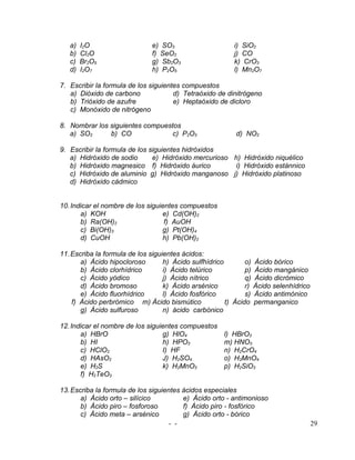 a)   I2O                    e) SO3                      i) SiO2
   b)   Cl2O                   f) SeO2                     j) CO
   c)   Br2O5                  g) Sb2O3                    k) CrO3
   d)   I2O7                   h) P2O5                     l) Mn2O7

7. Escribir la formula de los siguientes compuestos
   a) Dióxido de carbono              d) Tetraóxido de dinitrógeno
   b) Trióxido de azufre              e) Heptaóxido de dicloro
   c) Monóxido de nitrógeno

8. Nombrar los siguientes compuestos
   a) SO2      b) CO              c) P2O3                  d) NO2

9. Escribir la formula de los siguientes hidróxidos
   a) Hidróxido de sodio       e) Hidróxido mercurioso h) Hidróxido niquélico
   b) Hidróxido magnesico f) Hidróxido áurico          i) Hidróxido estánnico
   c) Hidróxido de aluminio g) Hidróxido manganoso j) Hidróxido platinoso
   d) Hidróxido cádmico


10. Indicar el nombre de los siguientes compuestos
       a) KOH                     e) Cd(OH)2
       b) Ra(OH)2                  f) AuOH
       c) Bi(OH)3                 g) Pt(OH)4
       d) CuOH                    h) Pb(OH)2

11. Escriba la formula de los siguientes ácidos:
       a) Ácido hipocloroso        h) Ácido sulfhídrico        o)   Ácido bórico
       b) Ácido clorhídrico        i) Ácido telúrico           p)   Ácido mangánico
       c) Ácido yódico             j) Ácido nítrico            q)   Ácido dicrómico
       d) Ácido bromoso            k) Ácido arsénico           r)   Ácido selenhídrico
       e) Ácido fluorhídrico       l) Ácido fosfórico          s)   Ácido antimónico
    f) Ácido perbrómico m) Ácido bismútico              t) Ácido    permanganico
       g) Ácido sulfuroso          n) ácido carbónico

12. Indicar el nombre de los siguientes compuestos
       a) HBrO                    g) HlO4              l) HBrO3
       b) HI                      h) HPO3              m) HNO3
       c) HClO2                   I) HF                n) H2CrO4
       d) HAsO2                   J) H2SO4             o) H2MnO4
       e) H2S                     k) H2MnO3            p) H2SiO3
       f) H2TeO3

13. Escriba la formula de los siguientes ácidos especiales
       a) Ácido orto – silícico          e) Ácido orto - antimonioso
       b) Ácido piro – fosforoso         f) Ácido piro - fosfórico
       c) Ácido meta – arsénico          g) Ácido orto - bórico
                                     - -                                                 29
 