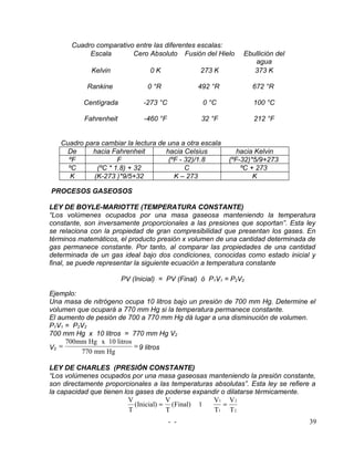 Cuadro comparativo entre las diferentes escalas:
            Escala       Cero Absoluto Fusión del Hielo       Ebullición del
                                                                 agua
             Kelvin              0K              273 K           373 K

           Rankine              0 °R            492 °R            672 °R

          Centígrada           -273 °C           0 °C             100 °C

           Fahrenheit          -460 °F           32 °F            212 °F


   Cuadro para cambiar la lectura de una a otra escala
     De     hacia Fahrenheit        hacia Celsius            hacia Kelvin
     ºF              F               (ºF - 32)/1.8        (ºF-32)*5/9+273
     ºC       (ºC * 1.8) + 32              C                  ºC + 273
      K      (K-273 )*9/5+32           K – 273                    K

PROCESOS GASEOSOS

LEY DE BOYLE-MARIOTTE (TEMPERATURA CONSTANTE)
“Los volúmenes ocupados por una masa gaseosa manteniendo la temperatura
constante, son inversamente proporcionales a las presiones que soportan”. Esta ley
se relaciona con la propiedad de gran compresibilidad que presentan los gases. En
términos matemáticos, el producto presión x volumen de una cantidad determinada de
gas permanece constante. Por tanto, al comparar las propiedades de una cantidad
determinada de un gas ideal bajo dos condiciones, conocidas como estado inicial y
final, se puede representar la siguiente ecuación a temperatura constante

                        PV (Inicial) = PV (Final) ó P1V1 = P2V2

Ejemplo:
Una masa de nitrógeno ocupa 10 litros bajo un presión de 700 mm Hg. Determine el
volumen que ocupará a 770 mm Hg si la temperatura permanece constante.
El aumento de pesión de 700 a 770 mm Hg dá lugar a una disminución de volumen.
P1V1 = P2V2
700 mm Hg x 10 litros = 770 mm Hg V2
     700mm Hg x 10 litros
V2 =                      = 9 litros
         770 mm Hg

LEY DE CHARLES (PRESIÓN CONSTANTE)
“Los volúmenes ocupados por una masa gaseosas manteniendo la presión constante,
son directamente proporcionales a las temperaturas absolutas”. Esta ley se refiere a
la capacidad que tienen los gases de poderse expandir o dilatarse térmicamente.
                          V            V           V1 V 2
                            (Inicial) = (Final) ī      =
                          T            T           T1 T 2
                                         - -                                      39
 
