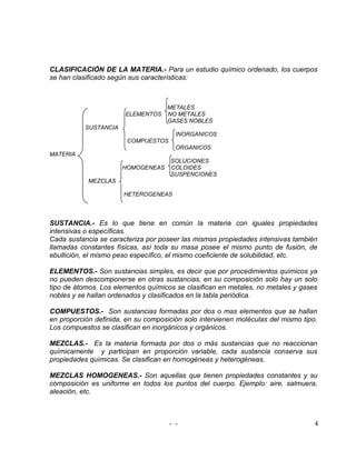 CLASIFICACIÓN DE LA MATERIA.- Para un estudio químico ordenado, los cuerpos
se han clasificado según sus características:



                                    METALES
                       ELEMENTOS    NO METALES
                                    GASES NOBLES
           SUSTANCIA
                                       INORGANICOS
                        COMPUESTOS
                                       ORGANICOS
MATERIA
                                     SOLUCIONES
                       HOMOGENEAS    COLOIDES
                                     SUSPENCIONES
            MEZCLAS

                       HETEROGENEAS




SUSTANCIA.- Es lo que tiene en común la materia con iguales propiedades
intensivas o específicas.
Cada sustancia se caracteriza por poseer las mismas propiedades intensivas también
llamadas constantes físicas, así toda su masa posee el mismo punto de fusión, de
ebullición, el mismo peso específico, el mismo coeficiente de solubilidad, etc.

ELEMENTOS.- Son sustancias simples, es decir que por procedimientos químicos ya
no pueden descomponerse en otras sustancias, en su composición solo hay un solo
tipo de átomos. Los elementos químicos se clasifican en metales, no metales y gases
nobles y se hallan ordenados y clasificados en la tabla periódica.

COMPUESTOS.- Son sustancias formadas por dos o mas elementos que se hallan
en proporción definida, en su composición solo intervienen moléculas del mismo tipo.
Los compuestos se clasifican en inorgánicos y orgánicos.

MEZCLAS.- Es la materia formada por dos o más sustancias que no reaccionan
químicamente y participan en proporción variable, cada sustancia conserva sus
propiedades químicas. Se clasifican en homogéneas y heterogéneas.

MEZCLAS HOMOGENEAS.- Son aquellas que tienen propiedades constantes y su
composición es uniforme en todos los puntos del cuerpo. Ejemplo: aire, salmuera,
aleación, etc.



                                     - -                                           4
 