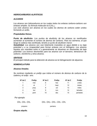 HIDROCARBUROS ALIFÁTICOS

ALCANOS

Los alcanos son hidrocarburos en los cuales todos los enlaces carbono-carbono son
enlaces simples. Su fórmula molecular es CnH2n+2
Los ciclo alcanos son alcanos en los cuales los átomos de carbono están unidos
formando un anillo.

Propiedades físicas.

Punto de ebullición. Los puntos de ebullición de los alcanos no ramificados
aumentan al aumentar el número de átomos de Carbono. Para los isómeros, el que
tenga la cadena más ramificada, tendrá un punto de ebullición menor.
Solubilidad. Los alcanos son casi totalmente insolubles en agua debido a su baja
polaridad y a su incapacidad para formar enlaces con el hidrógeno. Los alcanos
líquidos son miscibles entre sí y generalmente se disuelven en disolventes de baja
polaridad. Los buenos disolventes para los alcanos son el benceno, tetracloruro de
carbono, cloroformo y otros alcanos.

SÍNTESIS
El principal método para la obtención de alcanos es la hidrogenación de alquenos.

NOMENCLATURA

Alcanos lineales.

Se nombran mediante un prefijo que indica el número de átomos de carbono de la
cadena y el sufijo - ano.

       Nº de C        Prefijo     Nº de C          Prefijo   Nº de C      Prefijo
          1            met          6               hex        11         undec
          2             et          7               hept       12         dodec
          3            prop         8                oct       13         tridec
          4            but          9               non        14        tetradec
          5            pent         10              dec        15        pentadec


 Por ejemplo

    CH3 - CH2 - CH3              CH3 - CH2 – CH2 – CH2 - CH3

         propano                              pentano

Grupos alquilo.

                                        - -                                         68
 
